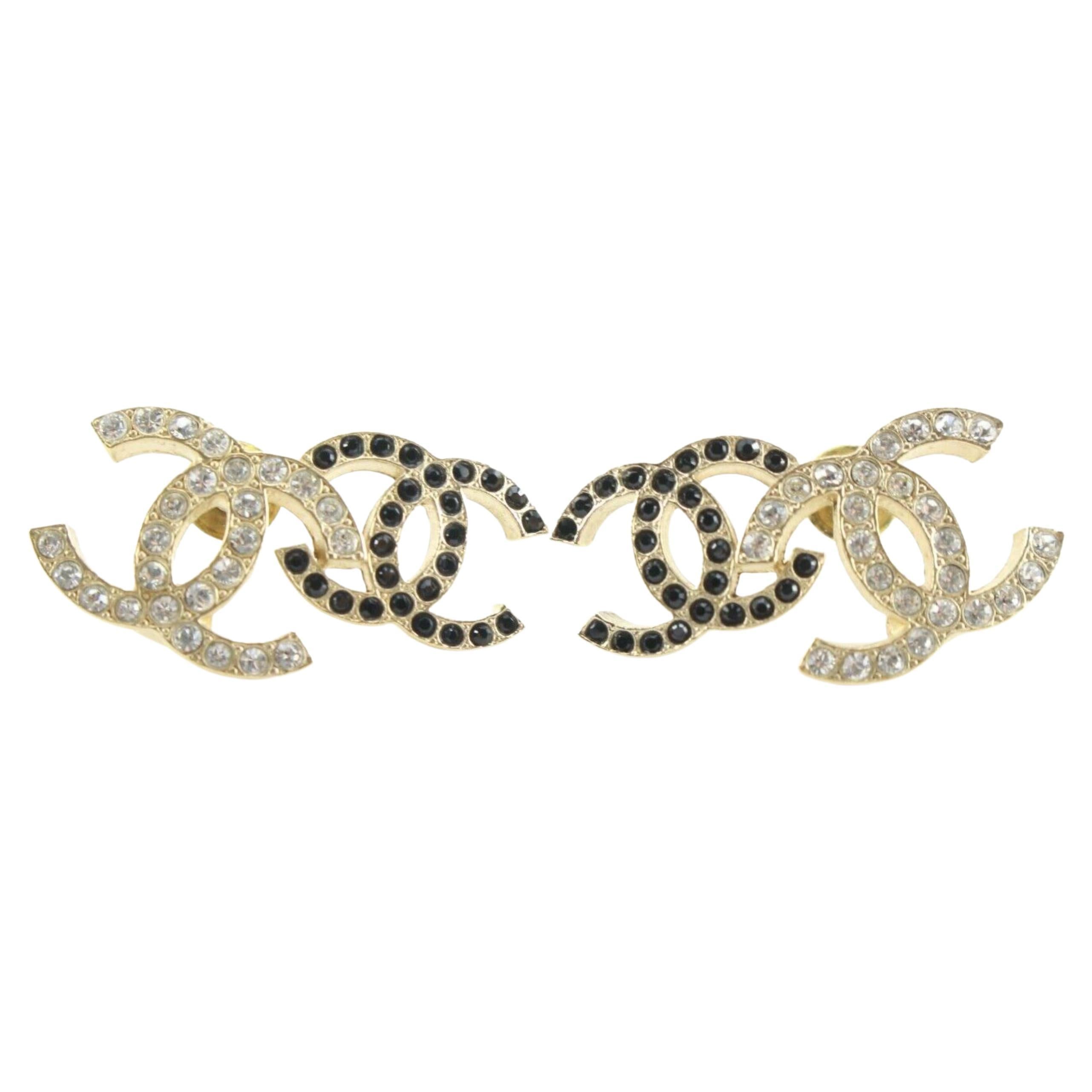 Chanel 22B Double CC Logo Pierce Earrings Crystal Black Gold 2CK0509 For Sale