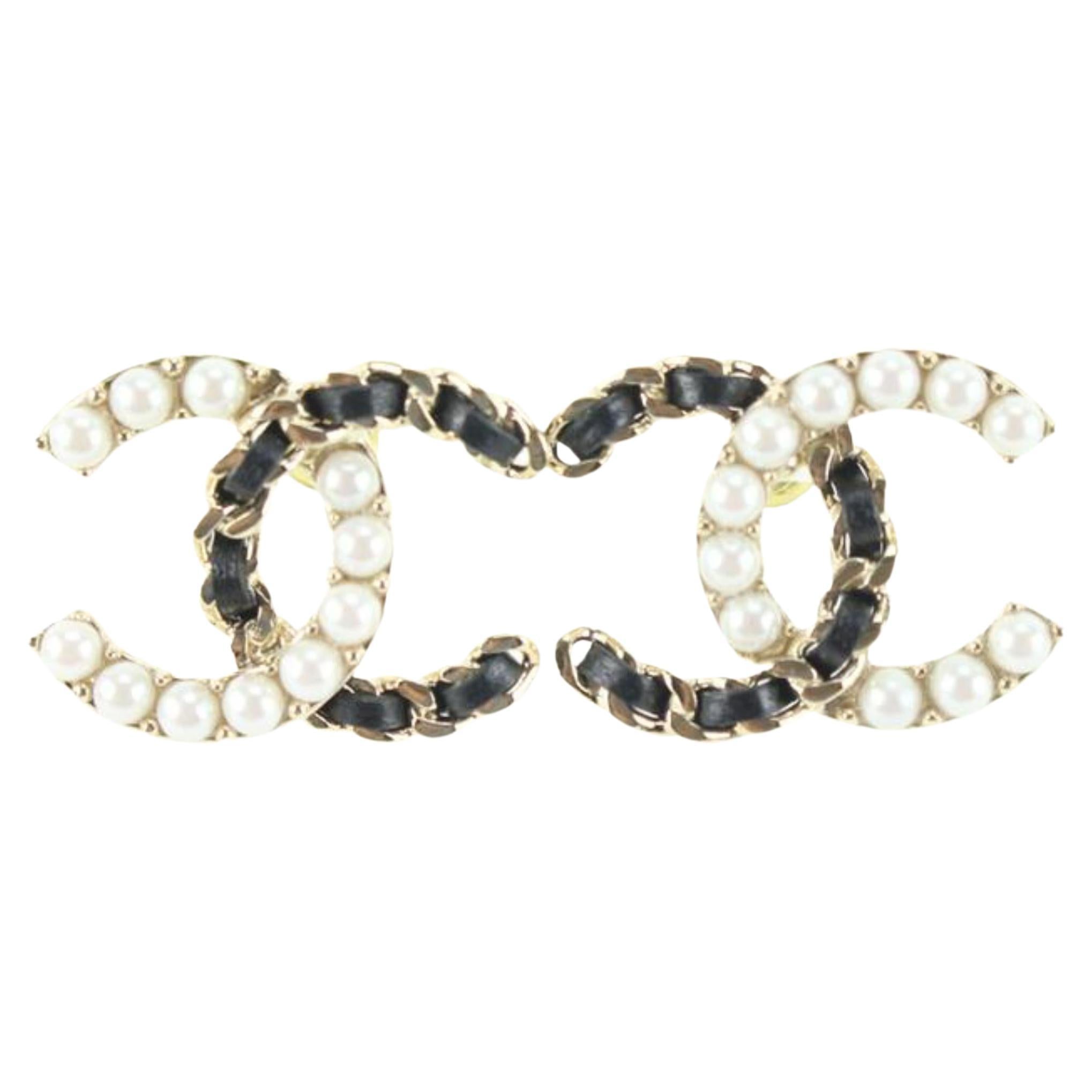 Chanel 22B Pearl x Black Crystal CC Logo Pierce Earrings 81ck727s