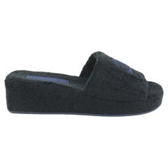 Chanel 22C Black Navy CC Logo Terry Cloth Mule Slide Platform Sandal 10ck228s