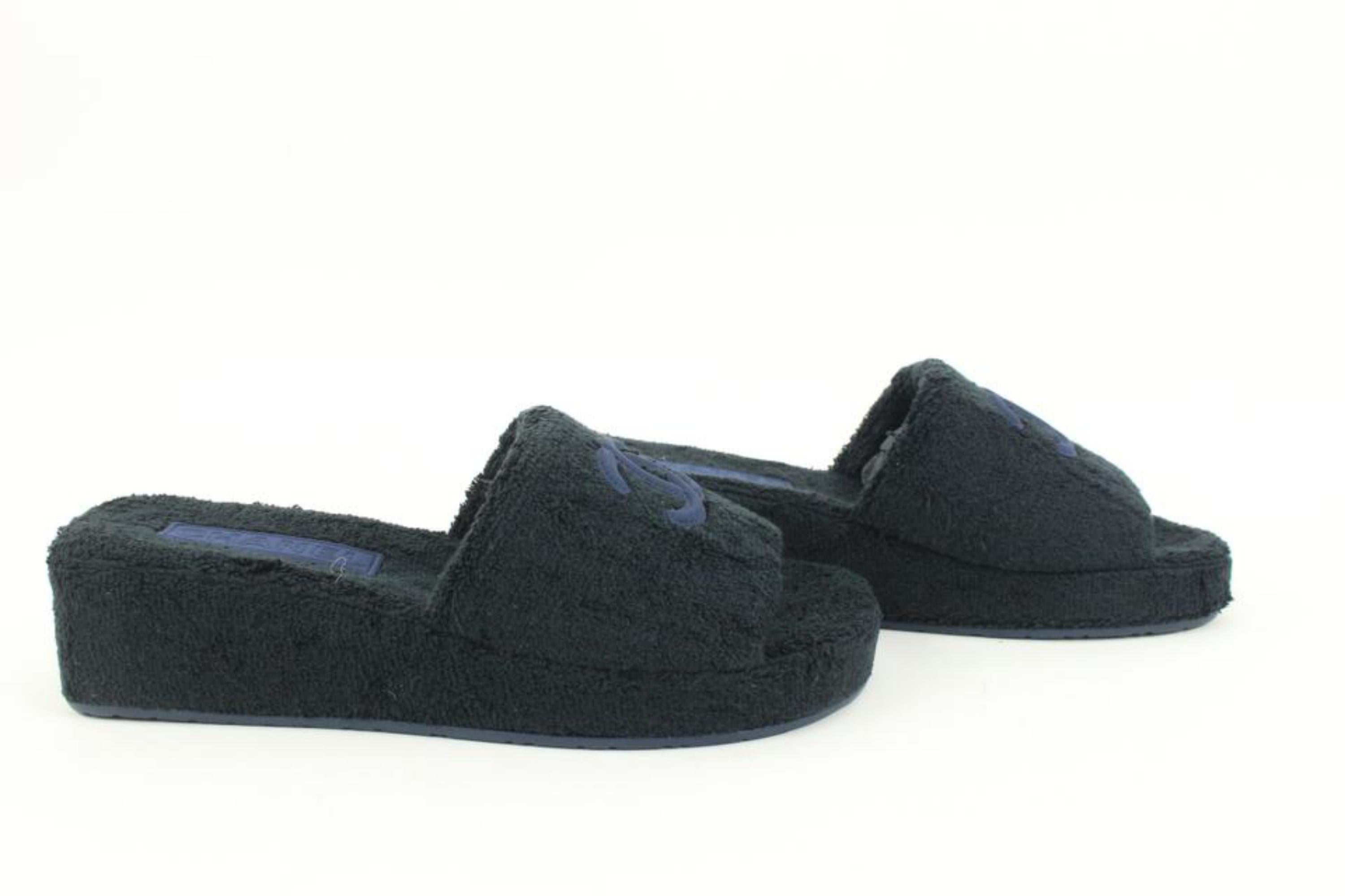 Women's or Men's Chanel 22C Black Navy Terry Cloth Sandal CC Wedge Sandal Mule Slides 28ck223s