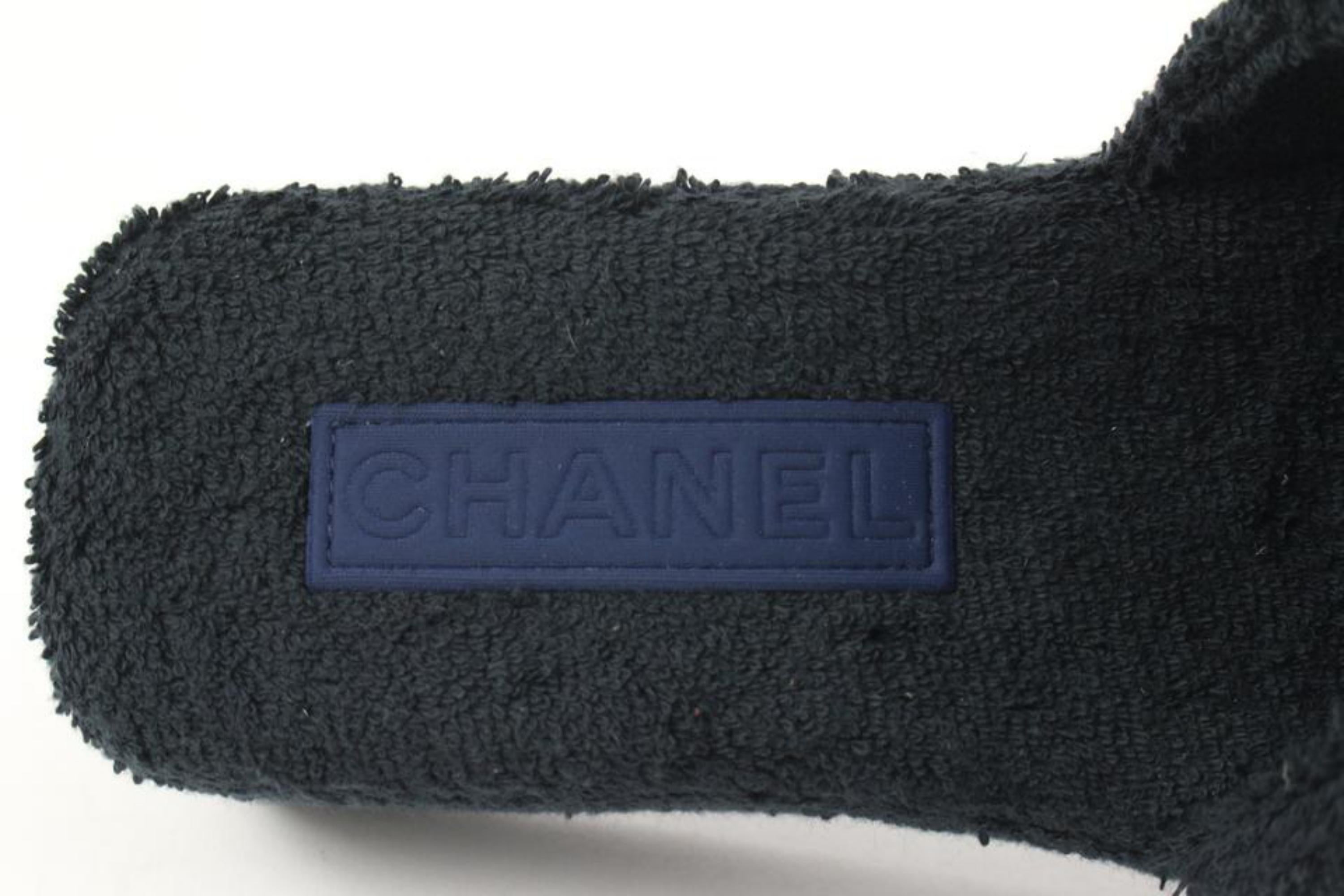 Chanel 22C Black Navy Terry Cloth Sandal CC Wedge Sandal Mule Slides 28ck223s 1