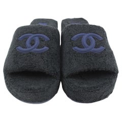 Chanel 22C Black Navy Terry Cloth Sandal CC Wedge Sandal Mule Slides 28ck223s
