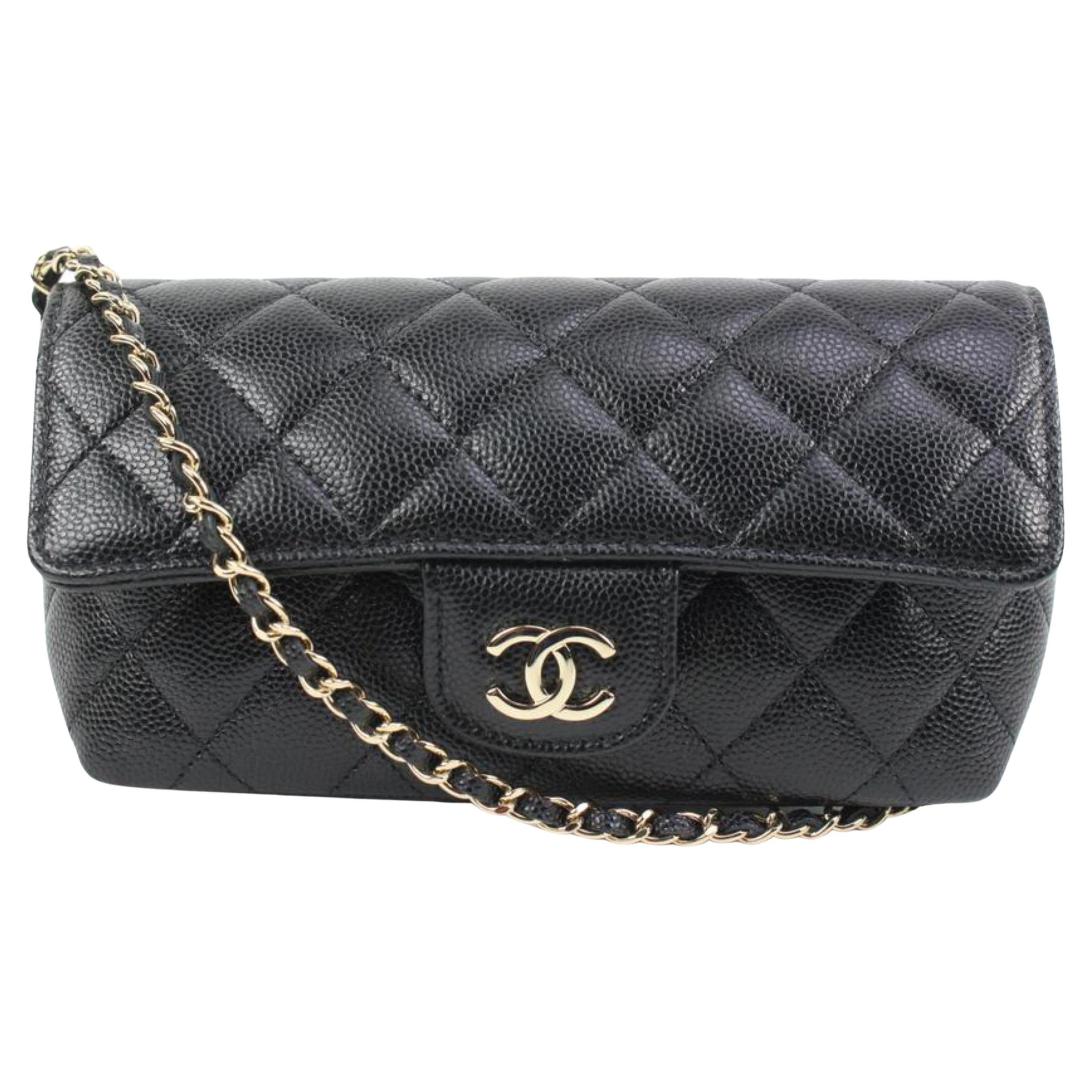 Chanel 22C Black Quilted Caviar Mini Classic Flap Gold Chain
