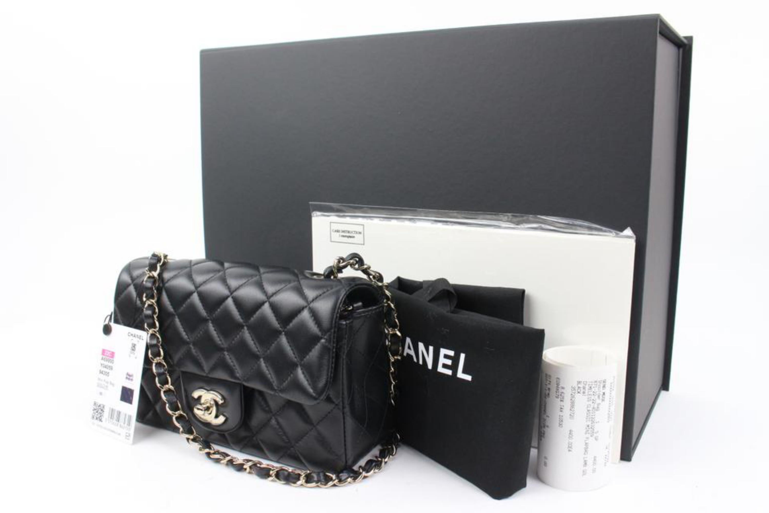 Chanel 22C Black Quilted Lambskin Mini Classic Flap Gold Chain 68ck315s
Date Code/Serial Number: E094XG79
Made In: France
Measurements: Length:  8
