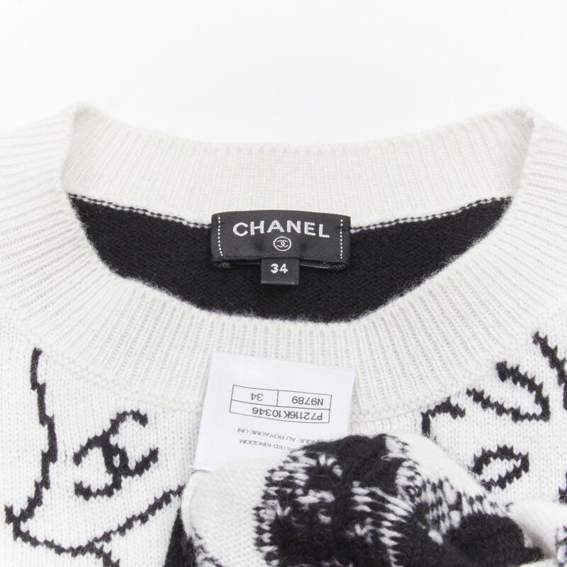 CHANEL 22C cachemire noir blanc Dove bird CC pull-over FR34 XS en vente 4