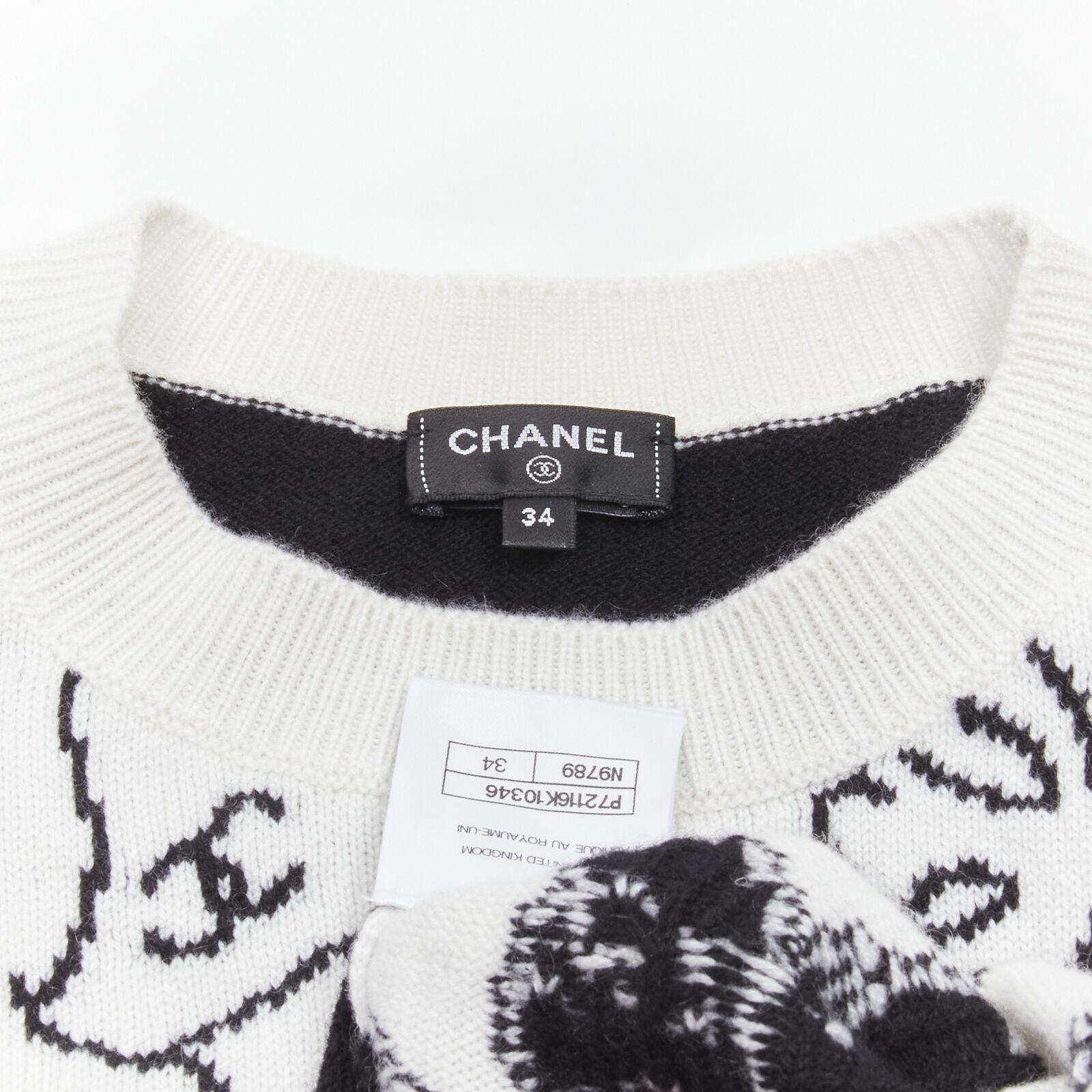 CHANEL 22C cashmere black white Dove bird CC pullover sweater FR34 XS For Sale 4