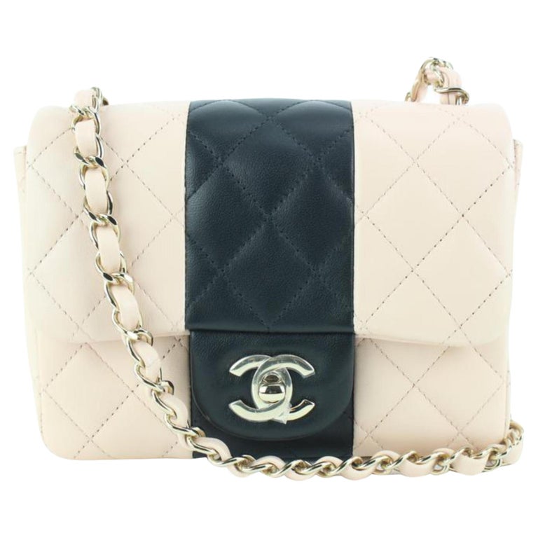 Chanel 22C Light Beige Black Lambskin Mini Square Classic Flap
