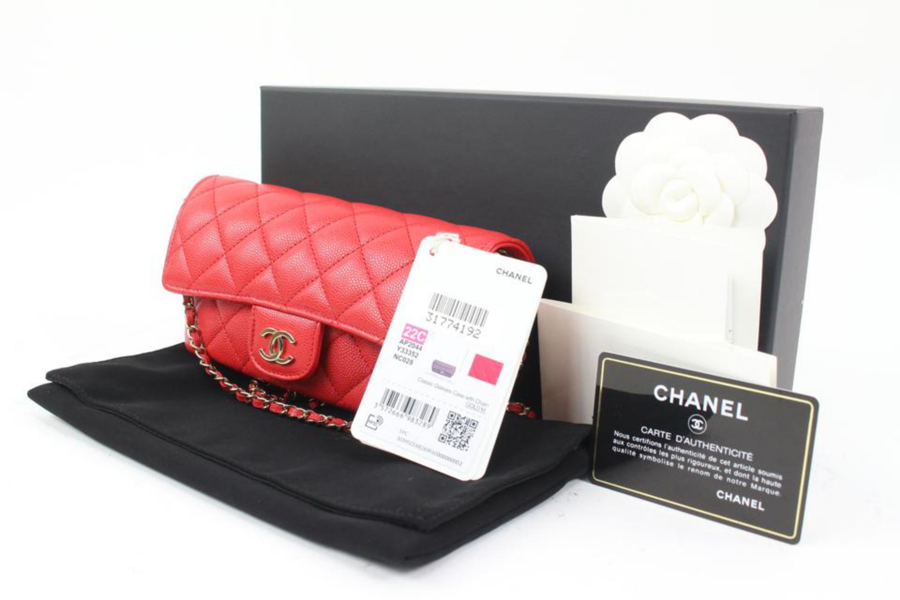 Chanel 22C Red Quilted Caviar Rectangular Mini Classic Flap Chain Bag 3ca215s
This is a Limited Flap in the Shape of a Sunglasses Case

Date Code/Serial Number: 31774192
Made In: France
Measurements: Length:  7