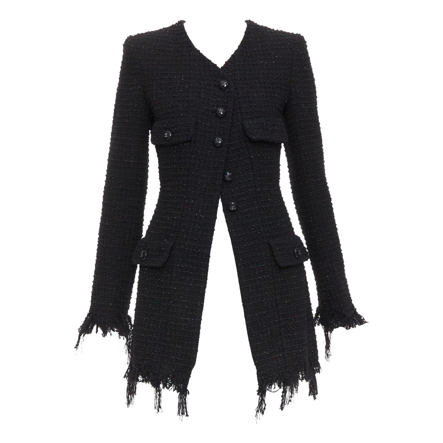 CHANEL 22C Runway black tweed fringe trim 4 pocket long jacket FR36 S
