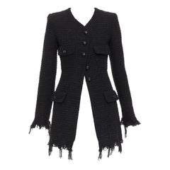 CHANEL 22C Runway black tweed fringe trim 4 pocket long jacket FR36 S