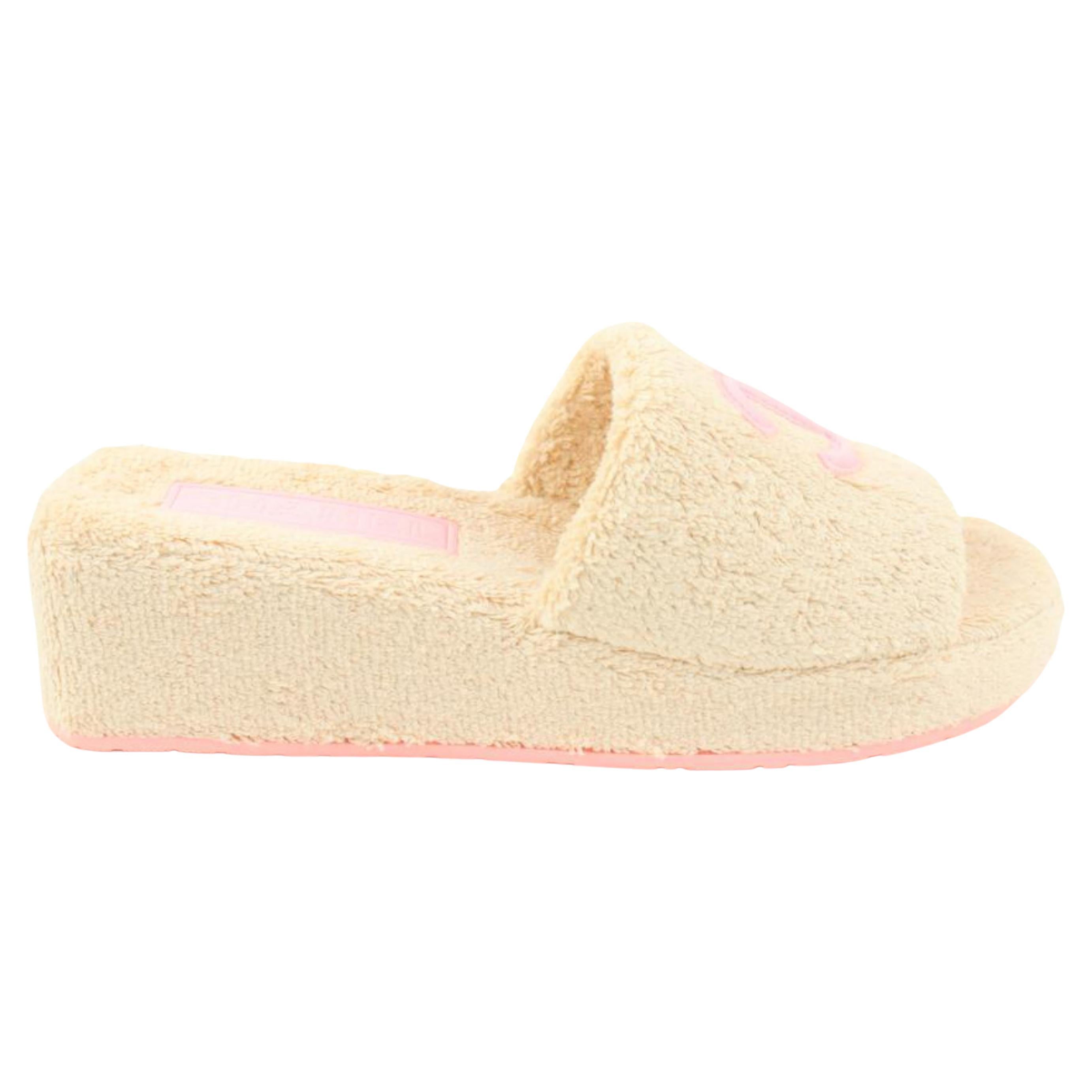 Chanel 22C Size 38 Pink Terry Cloth Wedge Sandal CC Mule Slides 11ck228s at  1stDibs