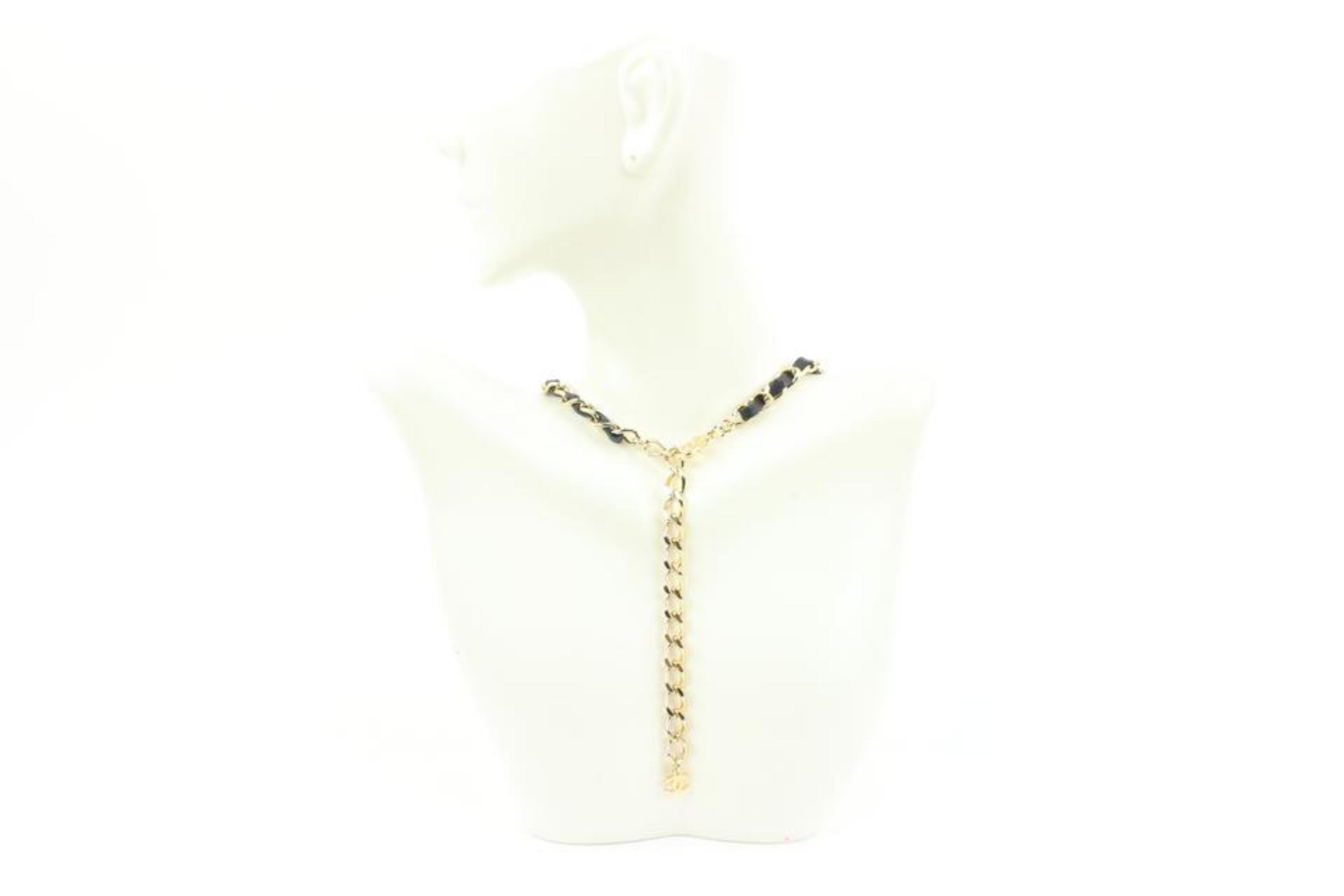 Beige Chanel 22P Black Interlaced Leather x Gold Chain Jumbo CC Necklace 49ck32s