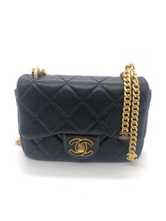 Chanel 22P Black Square Fat Mini Chain Bag, Enamel Buckle & Vintage Gold Hardwar