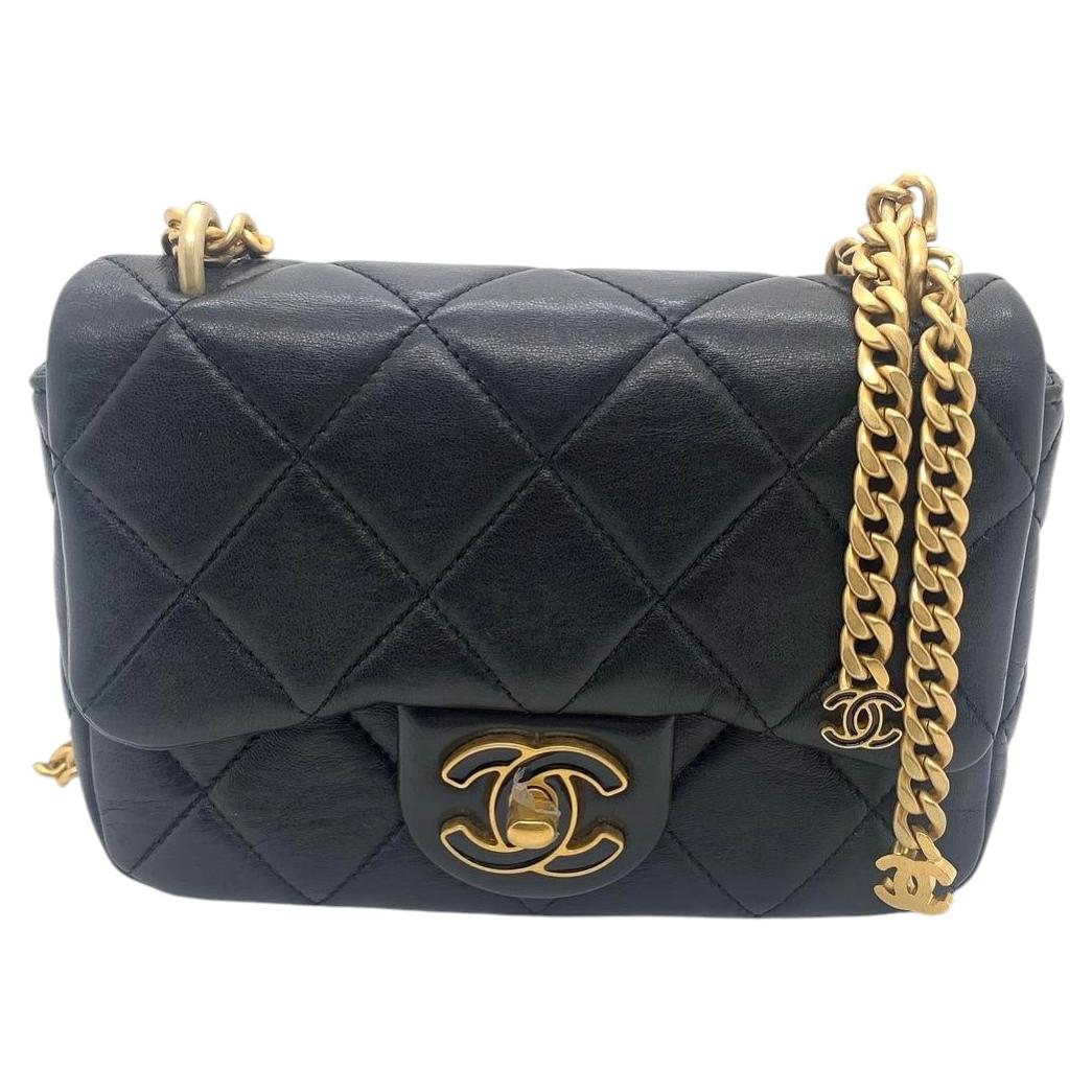 Chanel 22P Black Square Fat Mini Chain Bag, Enamel Buckle & Vintage Gold Hardwar