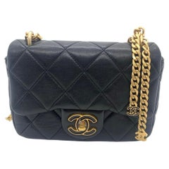 Chanel 22P Black Square Fat Mini Chain Bag, Enamel Buckle & Vintage Gold Hardwar