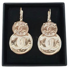 Chanel 22P Free Spirit CC Gold Logo Circle Dangle Drop Statement Hoop Earrings