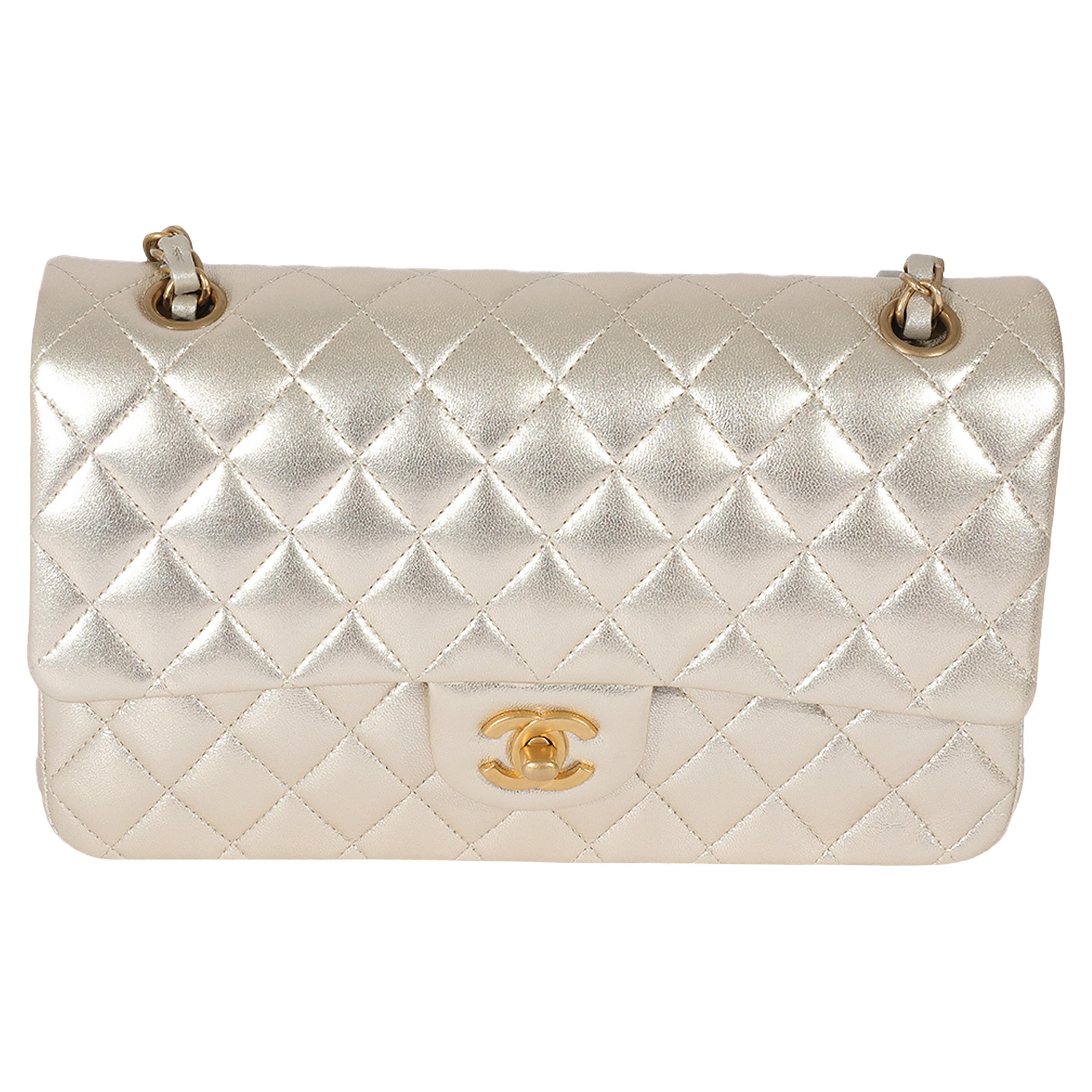 Chanel 22P Gold Lambskin Medium Classic Flap Bag For Sale at