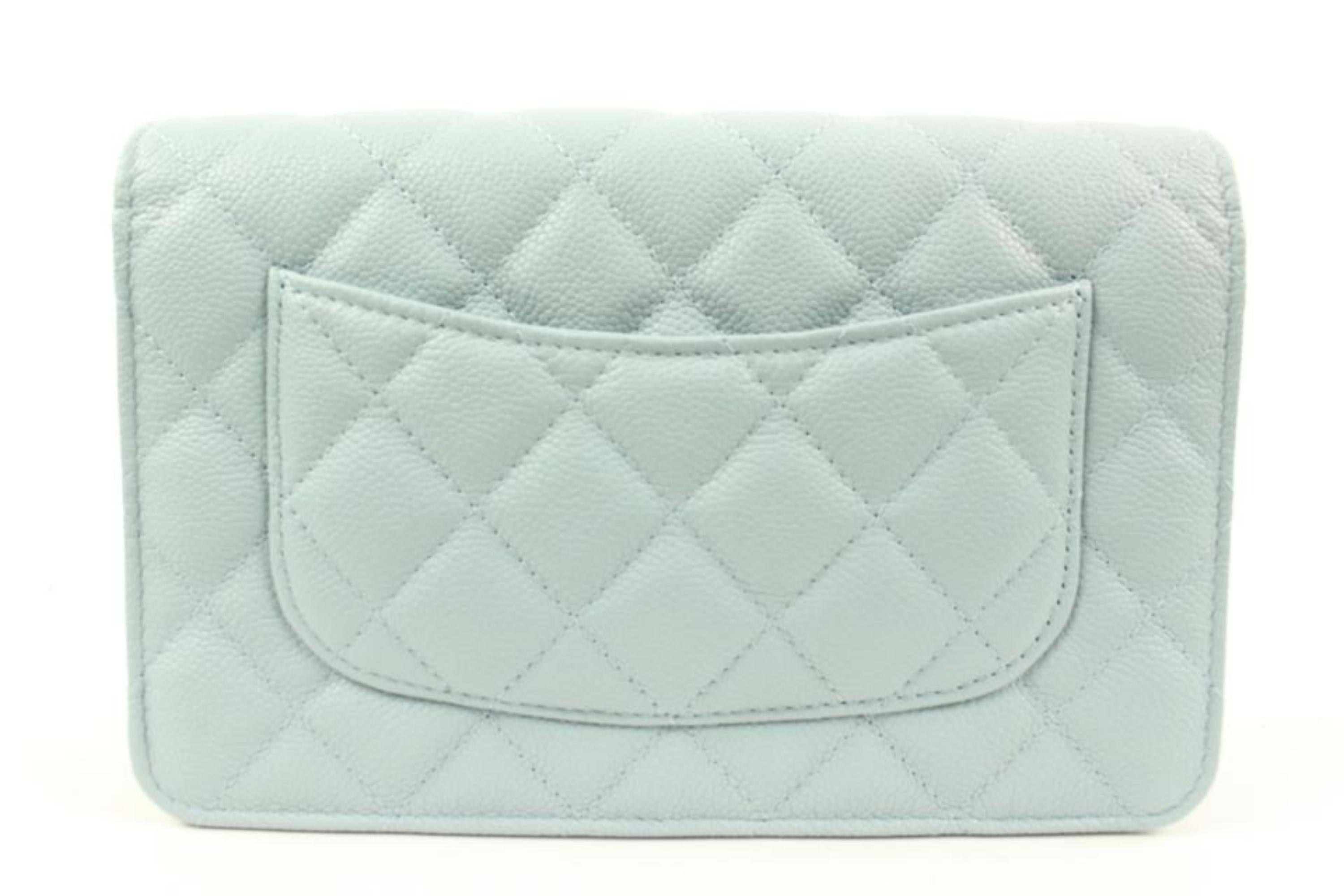 Chanel 22P Seafoam Blue Quilted Caviar Leather Wallet on Chain WOC S126ca48 In New Condition In Dix hills, NY
