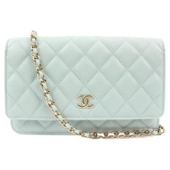 Chanel 22P Seafoam Blaue gesteppte Kaviarleder-Brieftasche an Kette WOC S126ca48