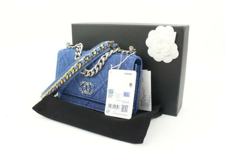 Chanel 22P Silver Gold Quilted Denim Wallet on Chain 19 Flap WOC 10CCA118