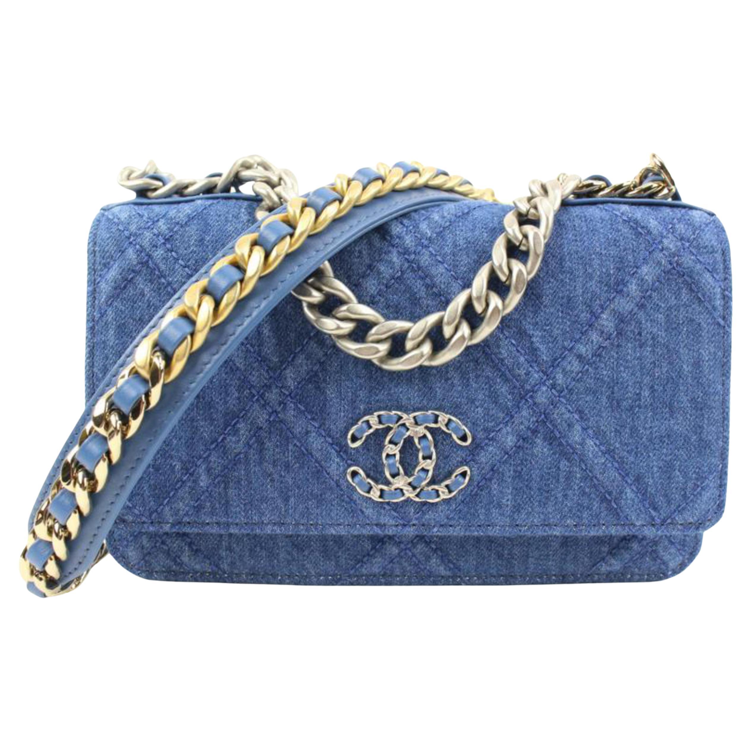 Chanel 22P Silver Gold Quilted Denim Wallet on Chain 19 Flap WOC 18ca127s  at 1stDibs