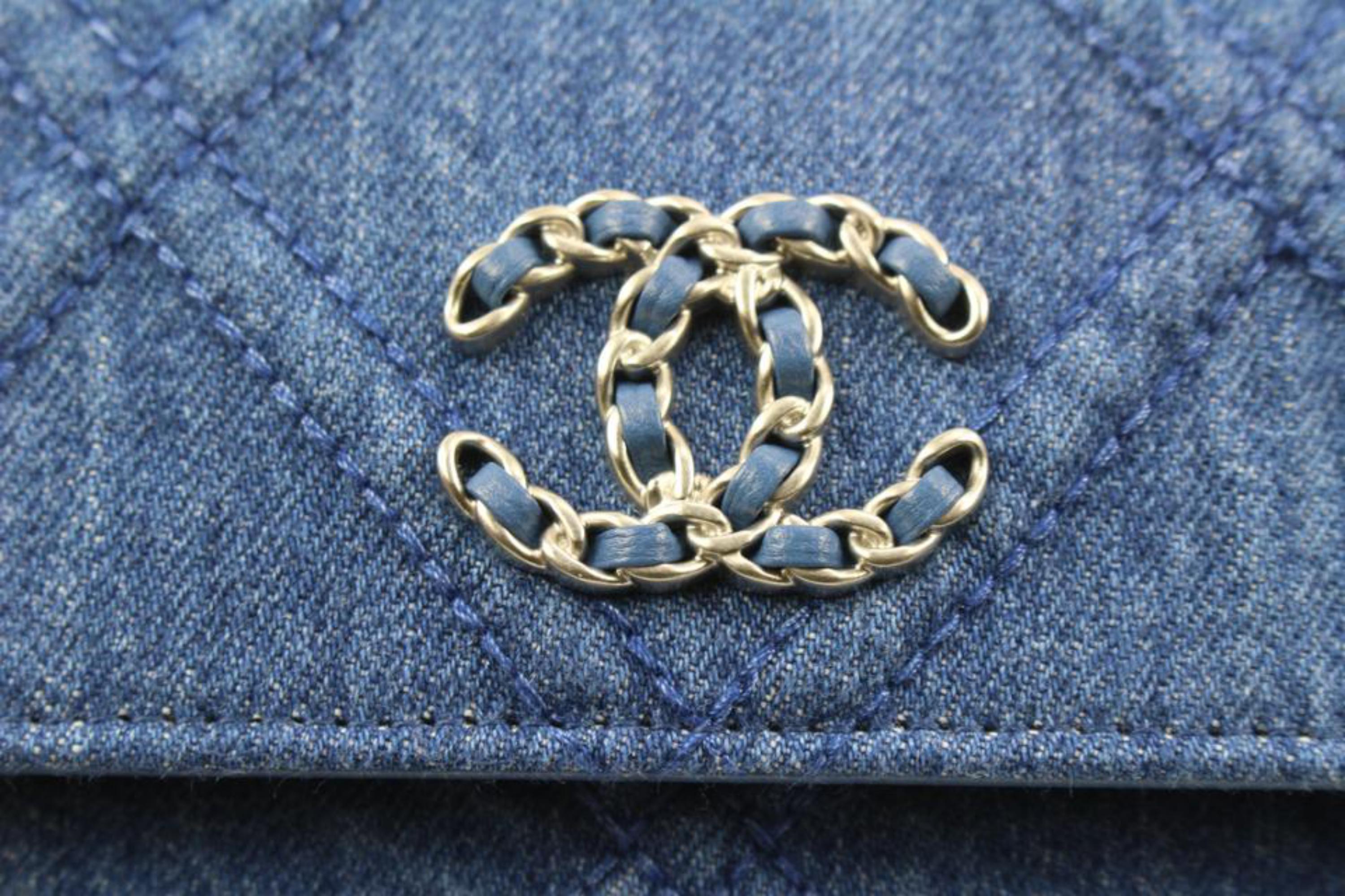 Chanel 22P Silver Gold Quilted Denim Wallet on Chain 19 Flap WOC  S126C49 In New Condition In Dix hills, NY