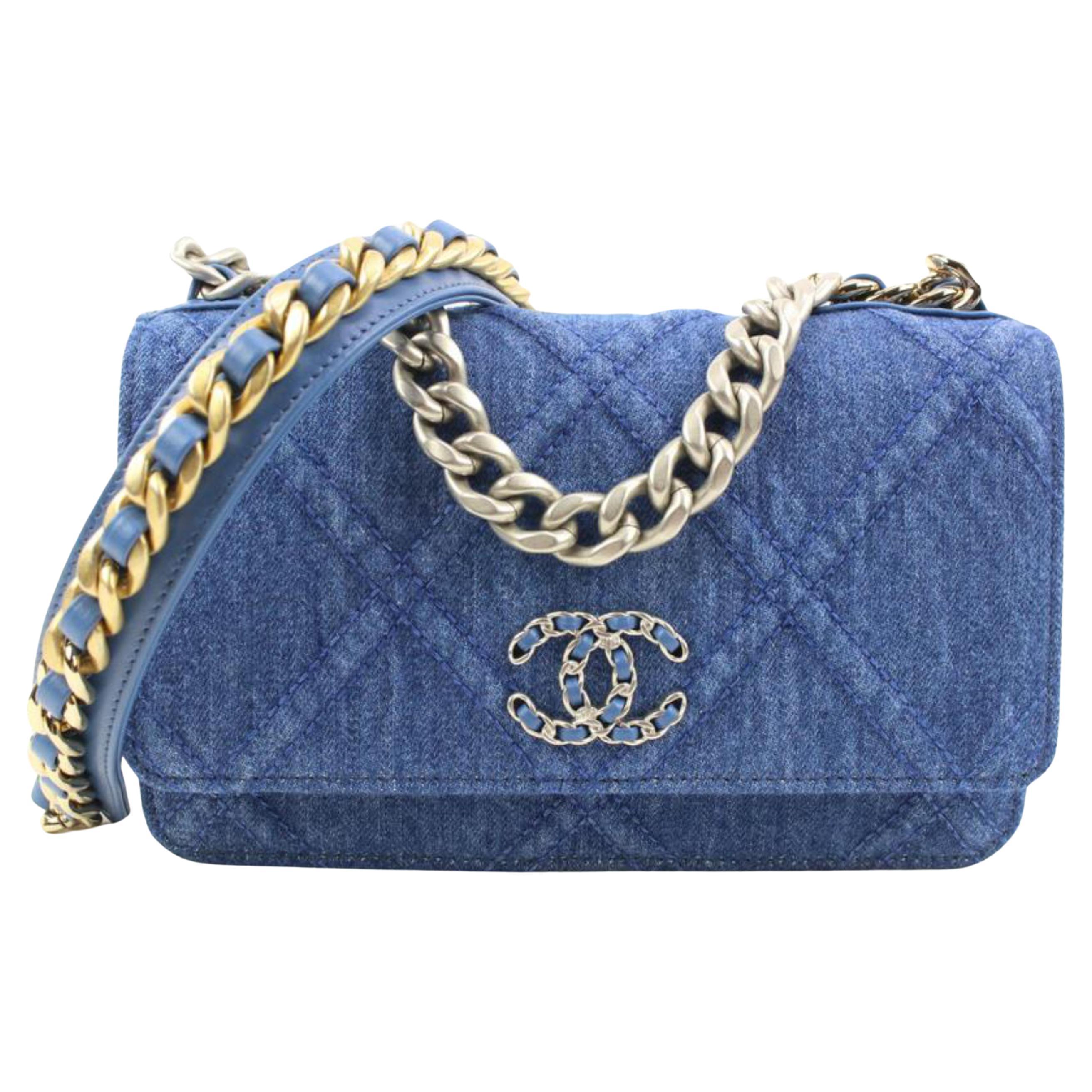 Chanel 22P Silver Gold Quilted Denim Wallet on Chain 19 Flap WOC S126C49  For Sale at 1stDibs | chanel 19 denim 22p, chanel 22p woc, chanel 19 woc