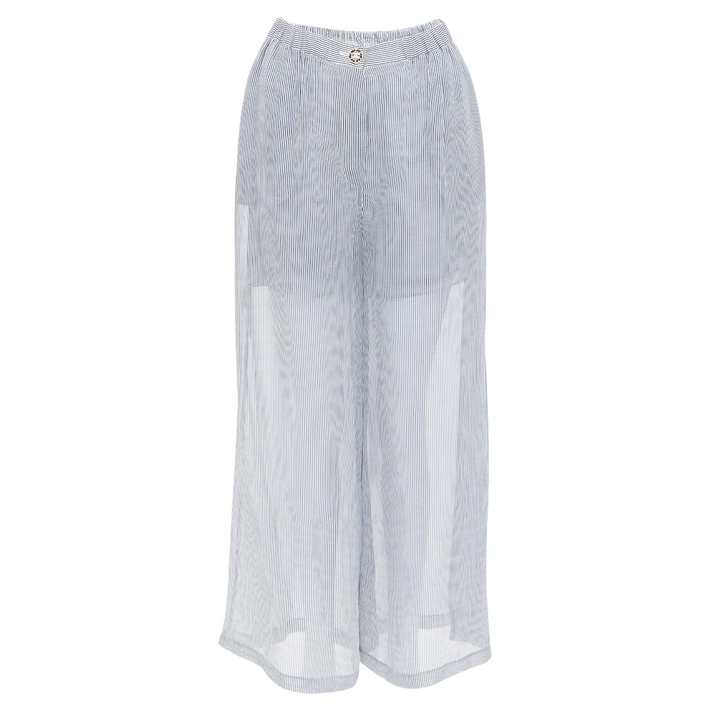 CHANEL 22S 100% silk navy grey striped CC button sheer wide pants FR38 M