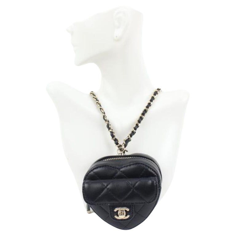 Chanel 22s Black Quilted Lambskin CC Love Heart Chain Necklace Pouch 46ck26  at 1stDibs