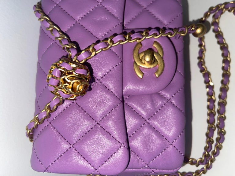 Chanel 22S Classic Mini Square Pearl Crush Lambskin Quilted Flap Bag Purple  NIB!