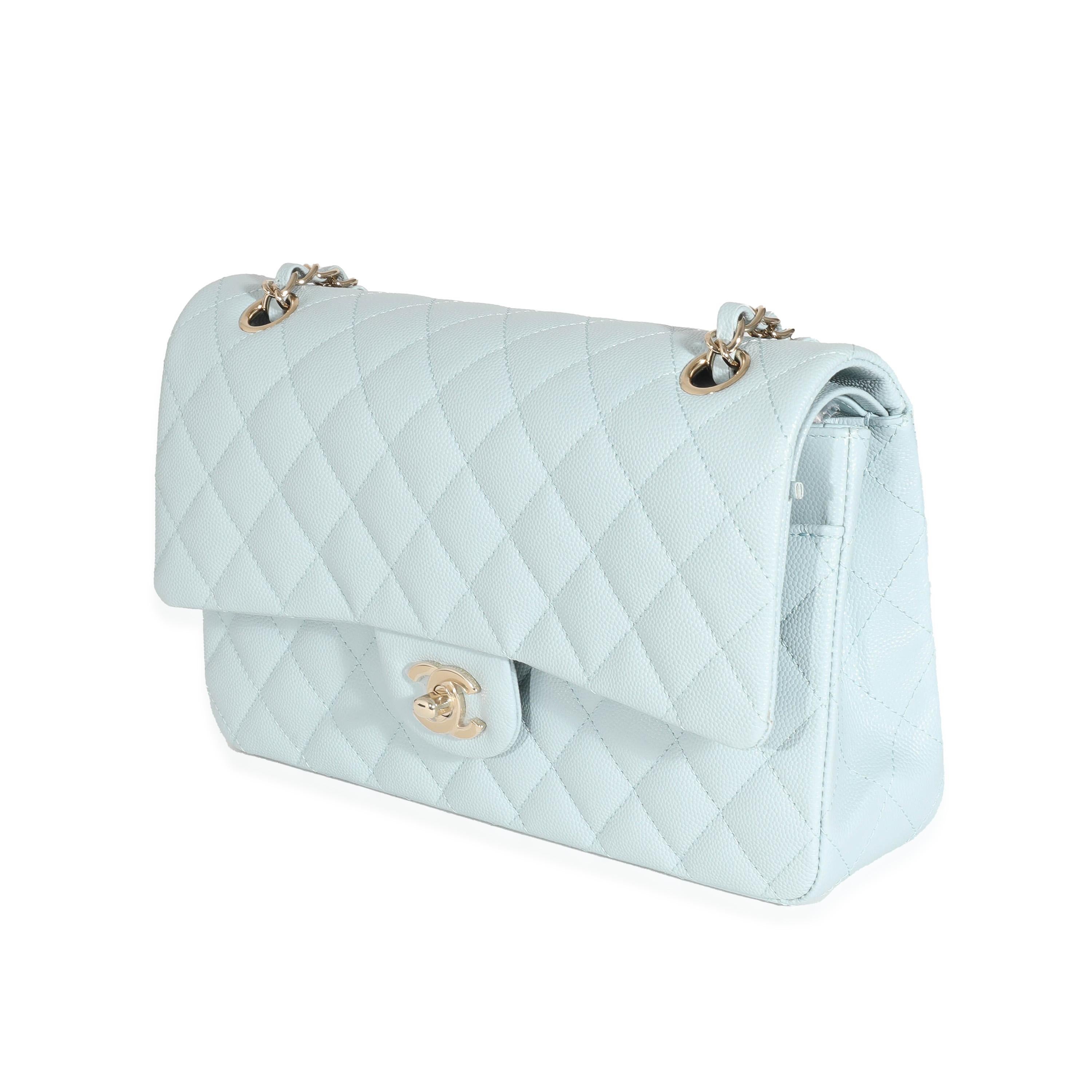Chanel 22S Light Blue Quilted Caviar Medium Classic Double Flap Bag In Excellent Condition In New York, NY