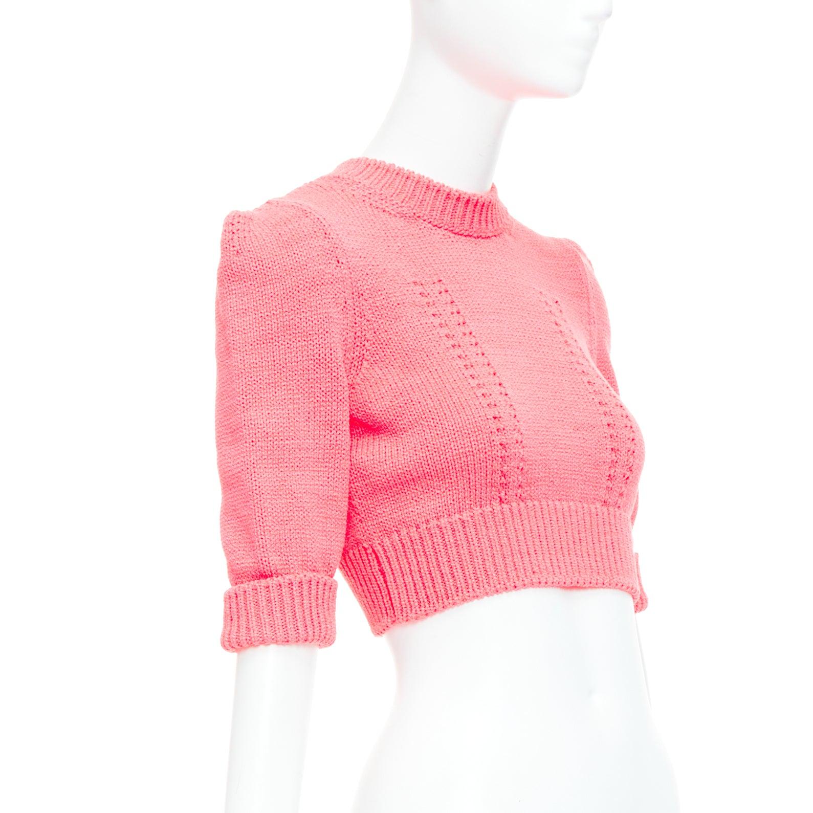 Pink CHANEL 22S Runway pink cotton knit CC logo cropped sweater FR34 XS