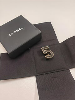 Chanel 23 Gold Black Leather No 5 Pin Brooch