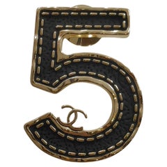 Chanel 23 Gold Black Leather No 5 Pin Brooch