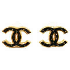 Chanel 23 Runway CC Gold Foil LEAF LOGO EARRINGS BLACK in Box