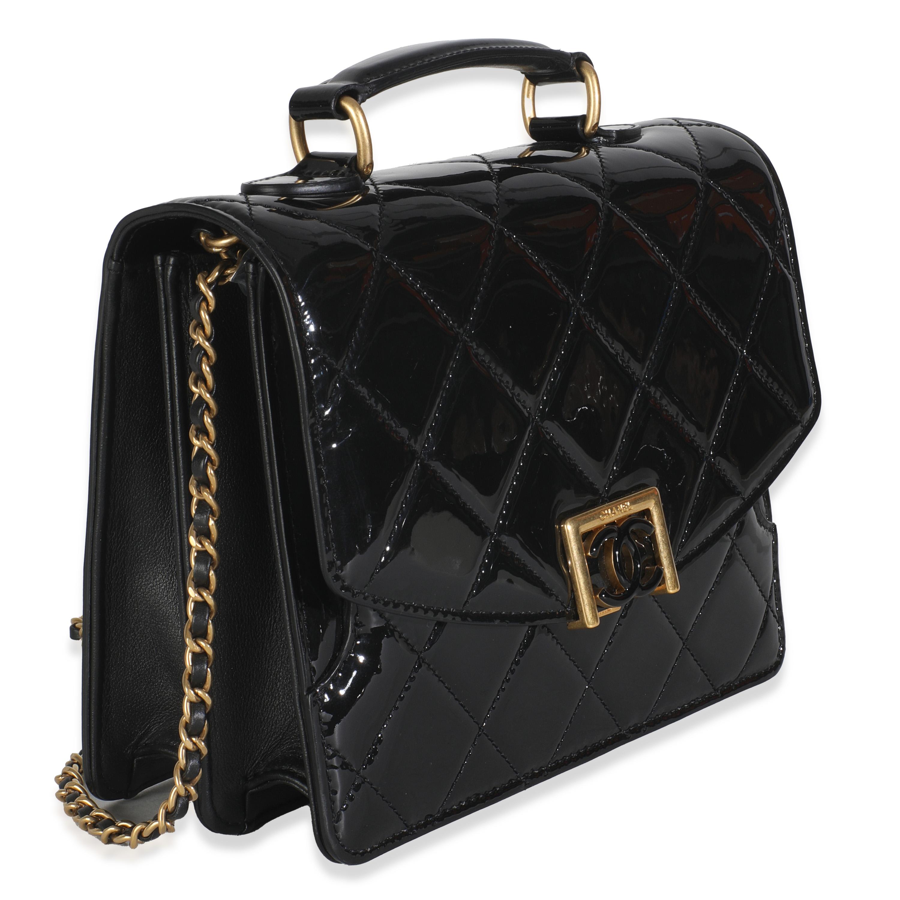 Chanel 23A Schwarz gesteppt Patent Akkordeon Pushlock Top Handle Klappe Tasche im Zustand „Hervorragend“ im Angebot in New York, NY
