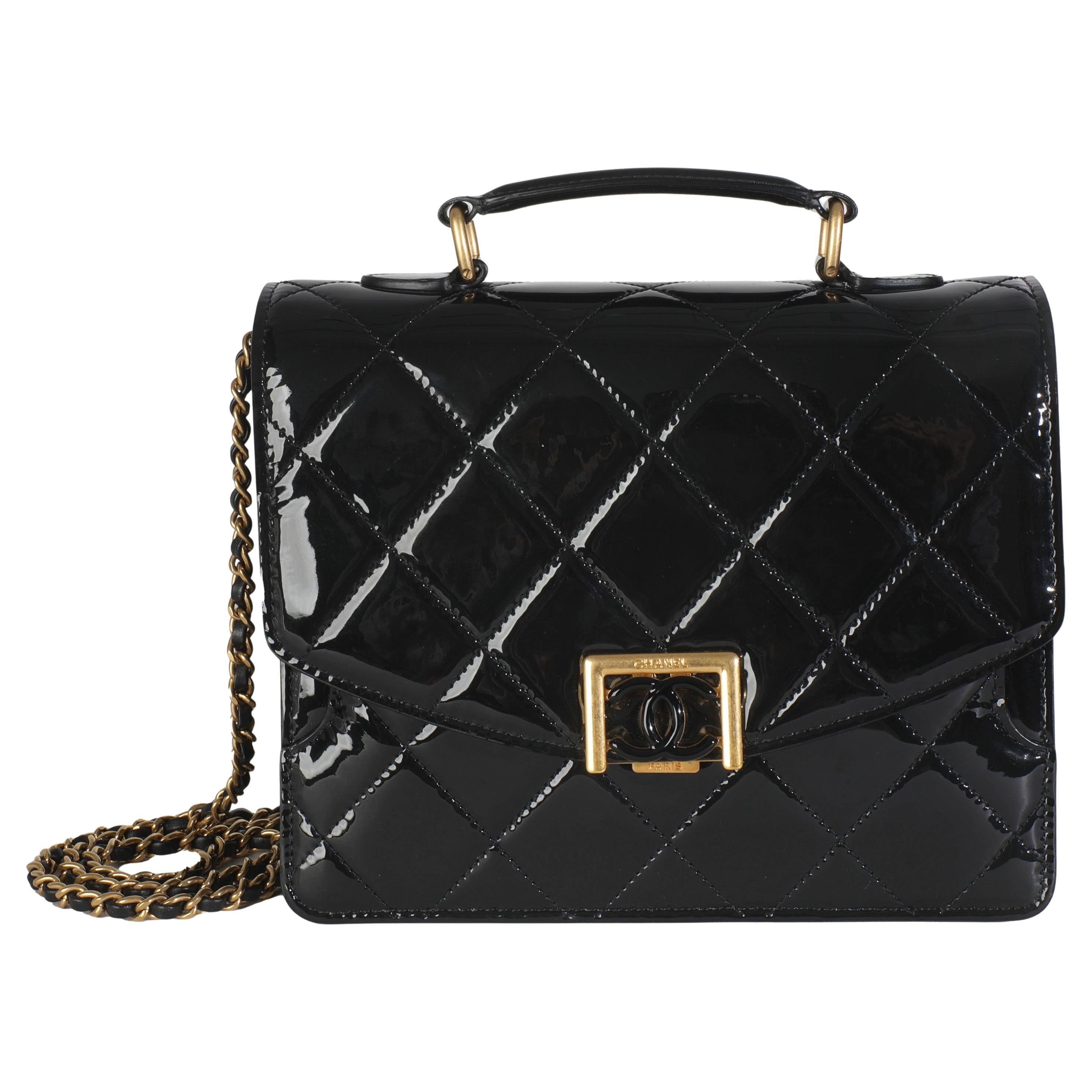 Chanel 23A Schwarz gesteppt Patent Akkordeon Pushlock Top Handle Klappe Tasche