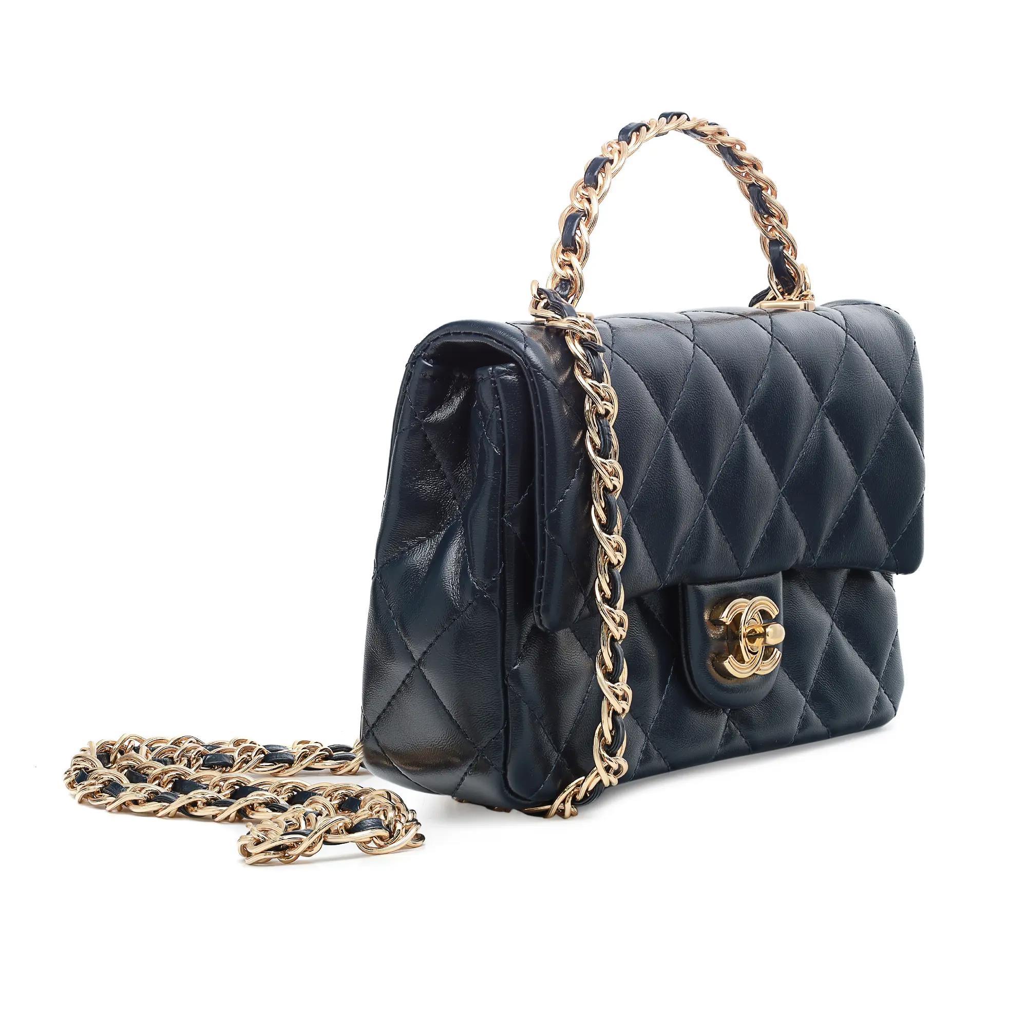 Black Chanel 23a Rectangular Top Handle Flap Mini Marine Blue Handbag For Sale