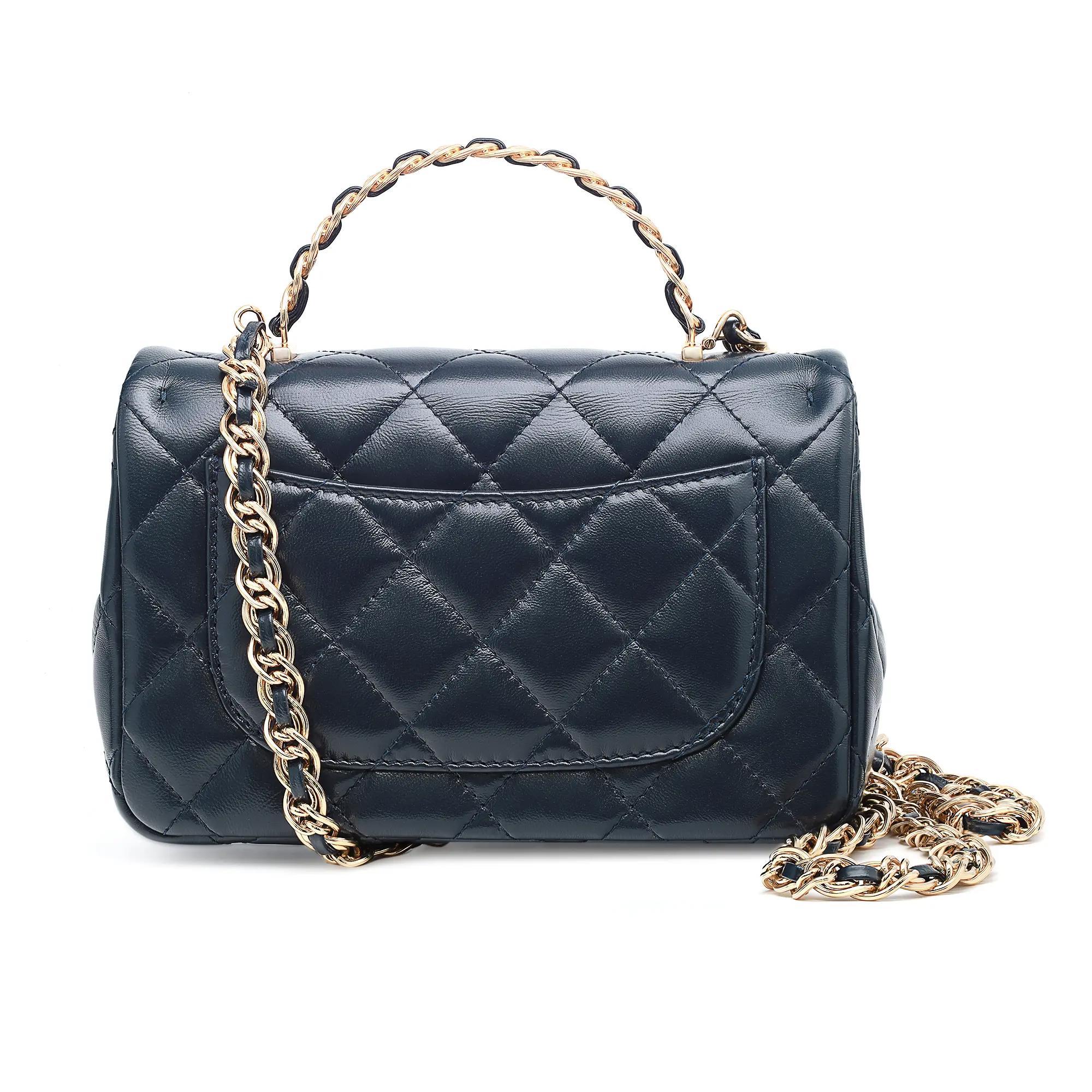 Chanel 23a Rectangular Top Handle Flap Mini Marine Blue Handbag In New Condition For Sale In New York, NY