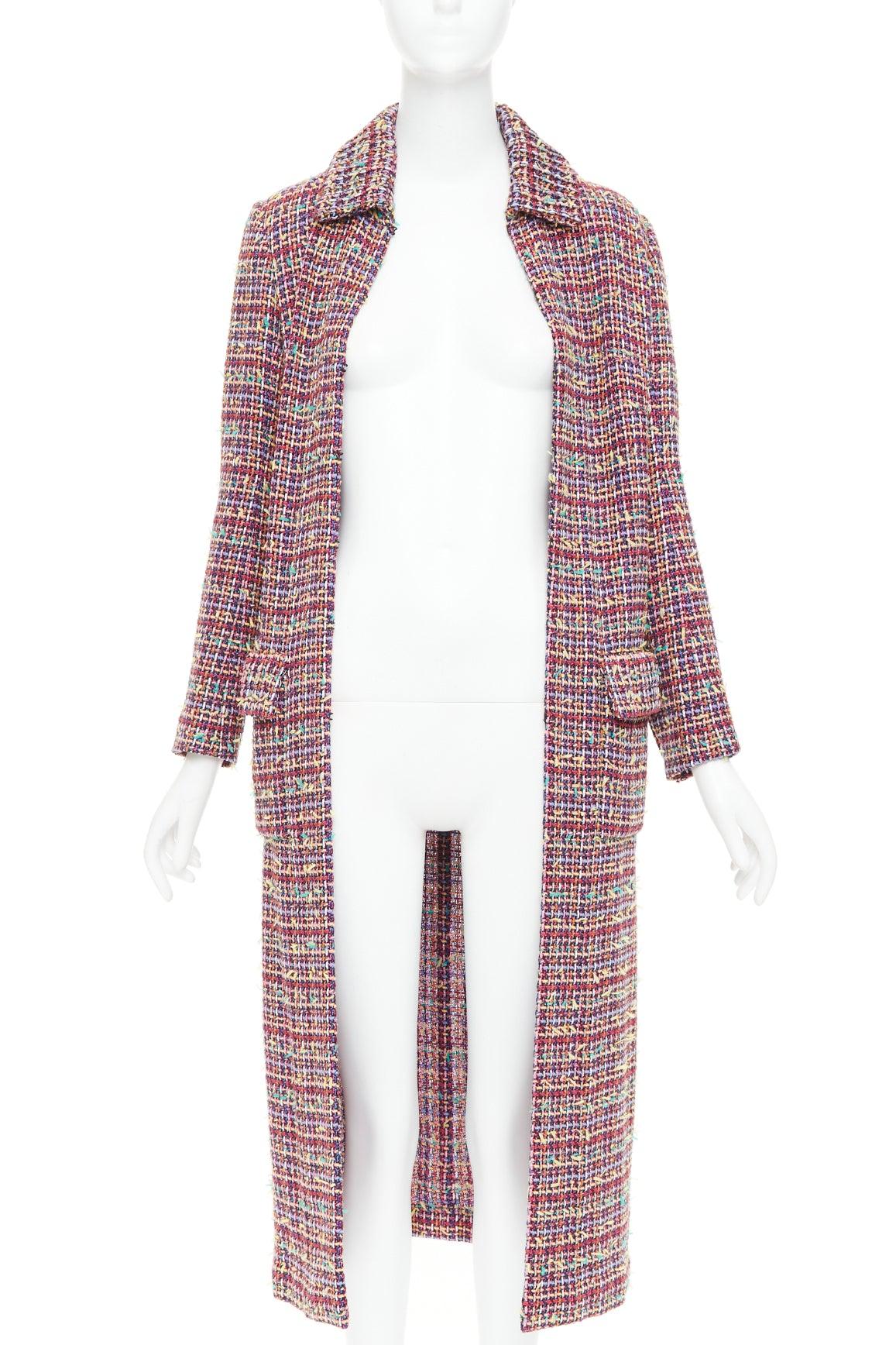 Marrone CHANEL 23A Cappotto lungo in tweed misto lana multicolore con tasche ad aletta FR36 S in vendita