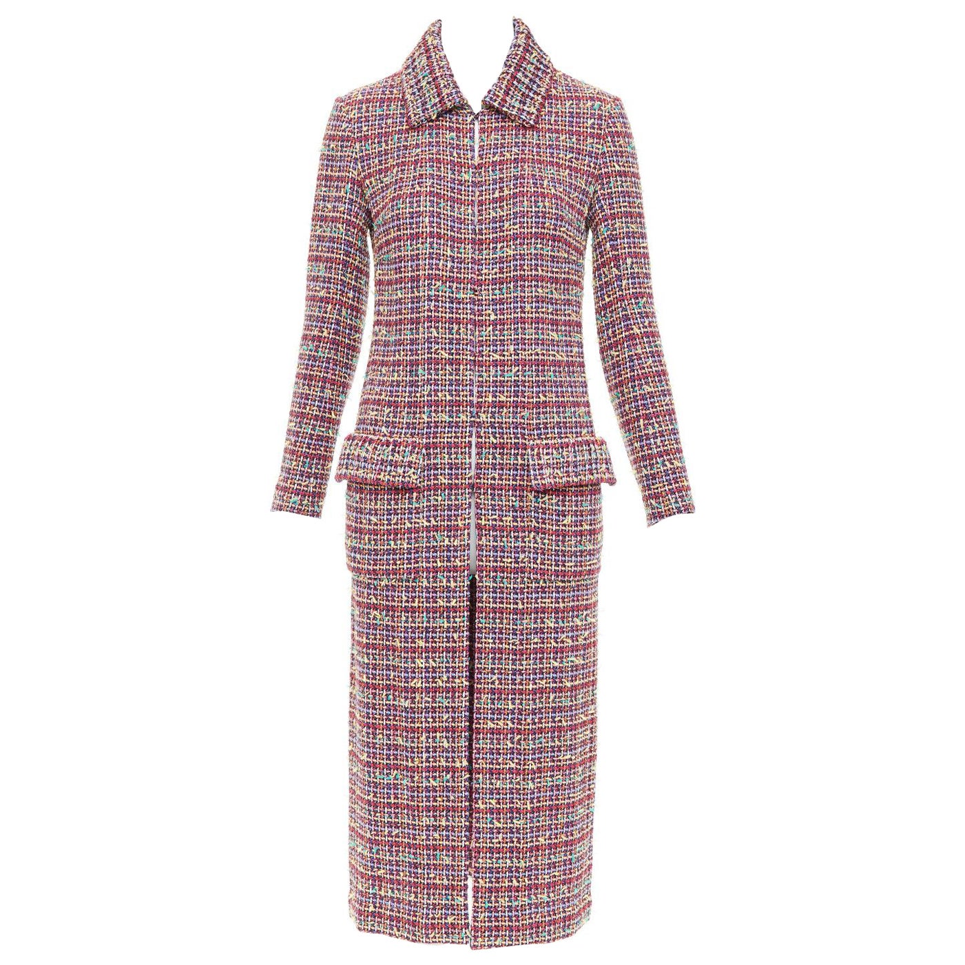 CHANEL 23A Runway multicolor wool blend tweed flap pockets long coat FR36 S