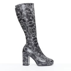 CHANEL 23A Runway white black CC camellia dotted logo print tall boots EU39