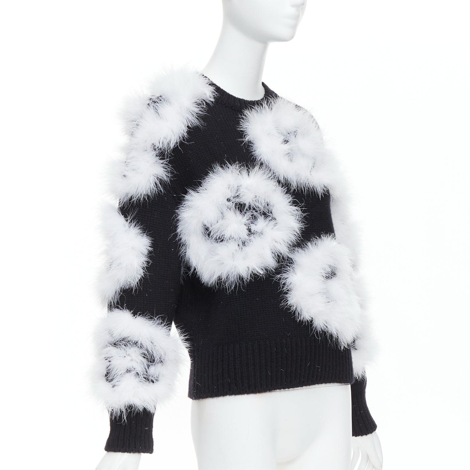 Gray CHANEL 23A Runway white turkey feather black cashmere sweater FR38 M