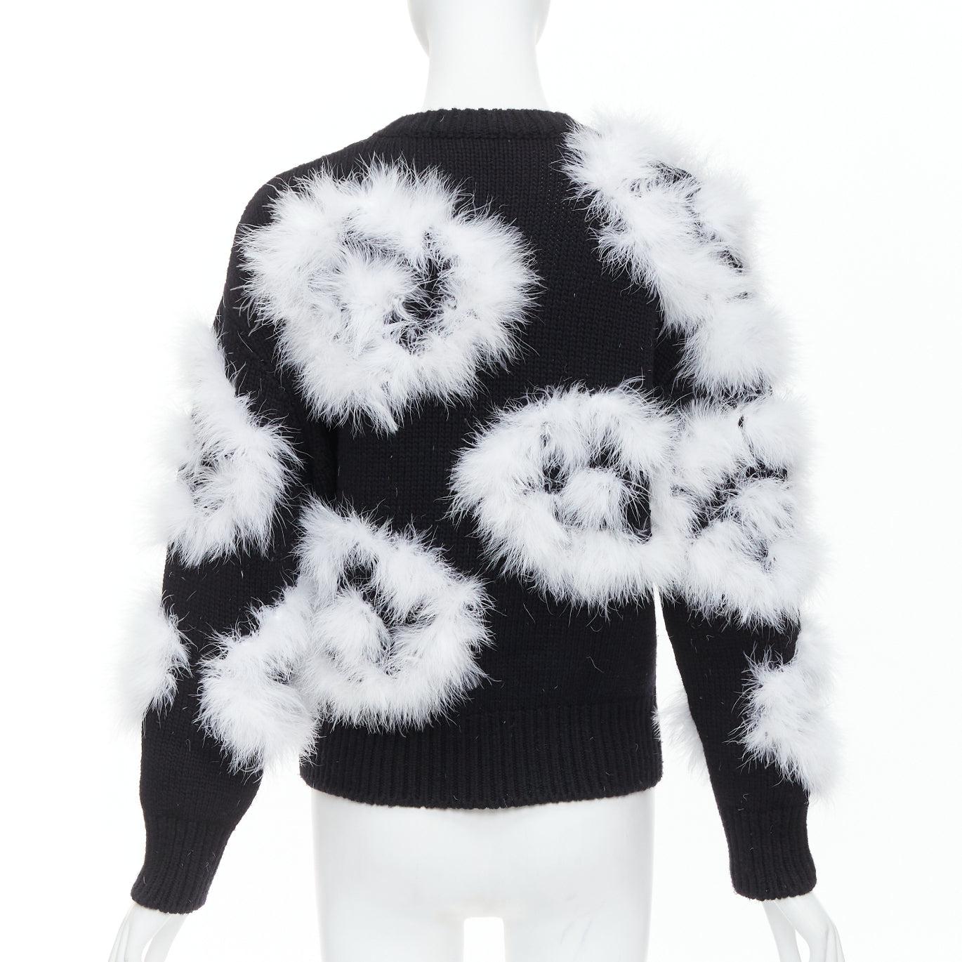 Women's CHANEL 23A Runway white turkey feather black cashmere sweater FR38 M