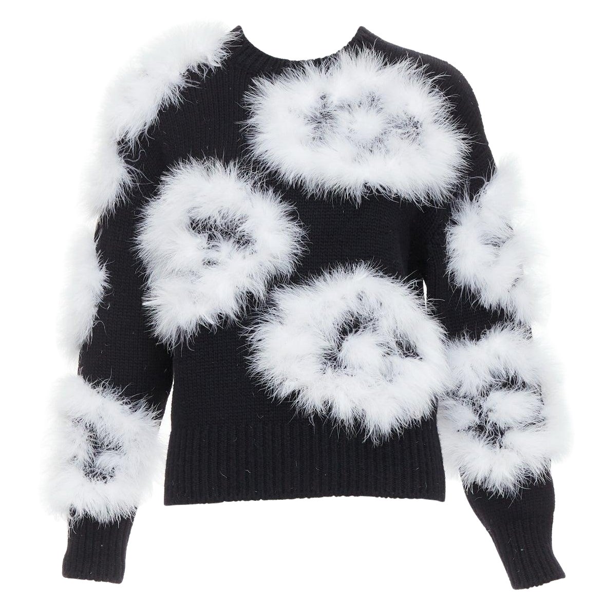 CHANEL 23A Runway white turkey feather black cashmere sweater FR38 M