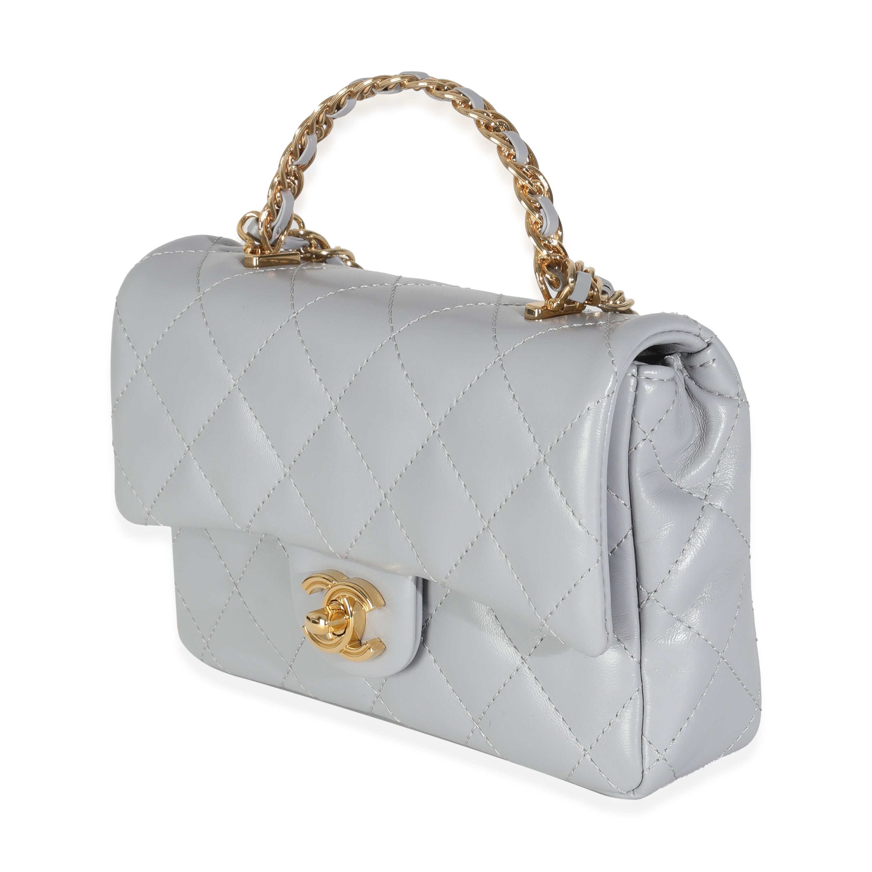 da uomo o donna Chanel 23B Grigio Trapuntata in pelle di agnello lucida Mini CC Top Handle Flap Bag in vendita