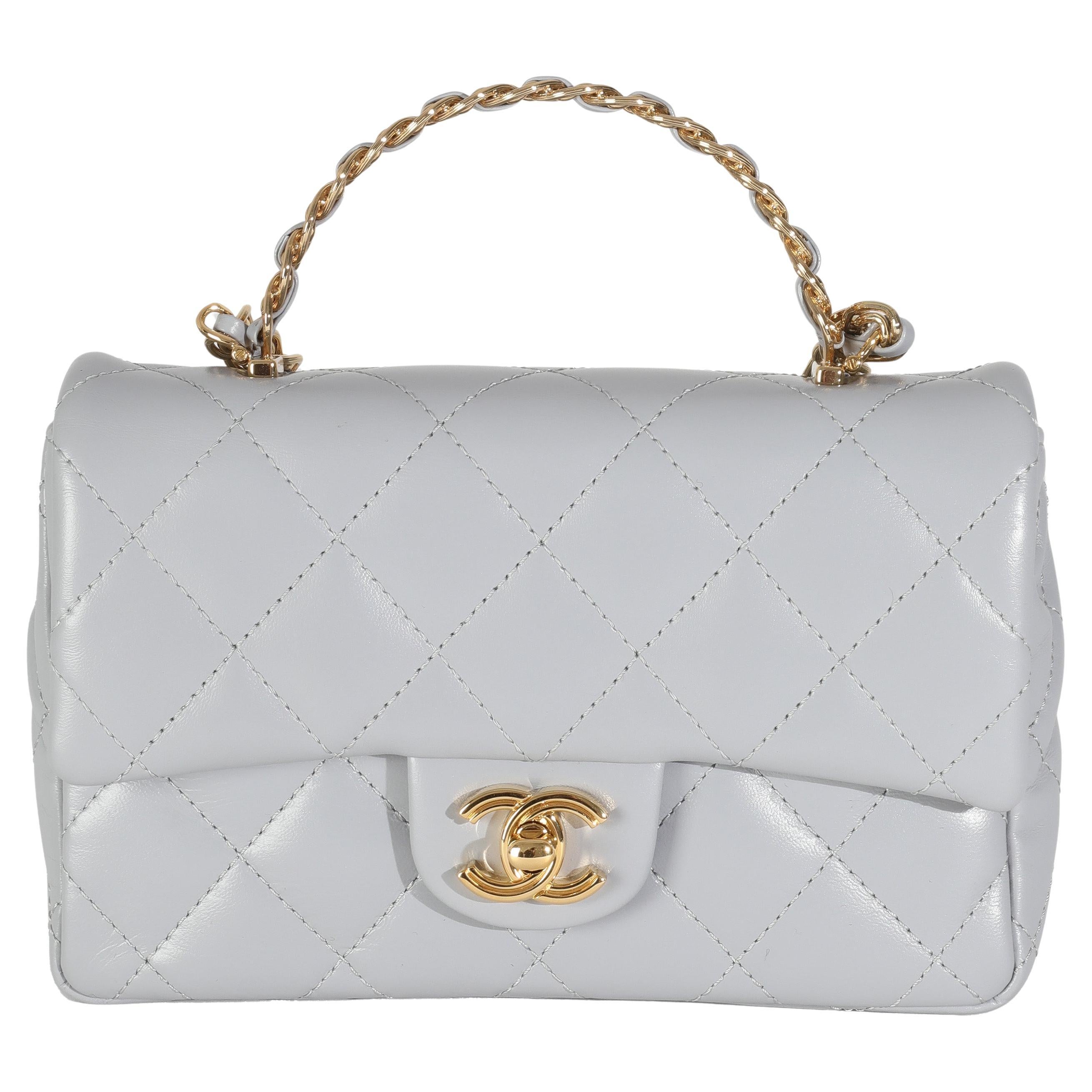 Chanel 23B Grey Quilted Shiny Lambskin Mini CC Top Handle Flap Bag