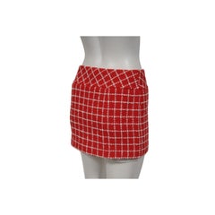 Chanel 23C Monico Tweed Mini Skirt Size FR 40 Red White CC Logo Quilted Button