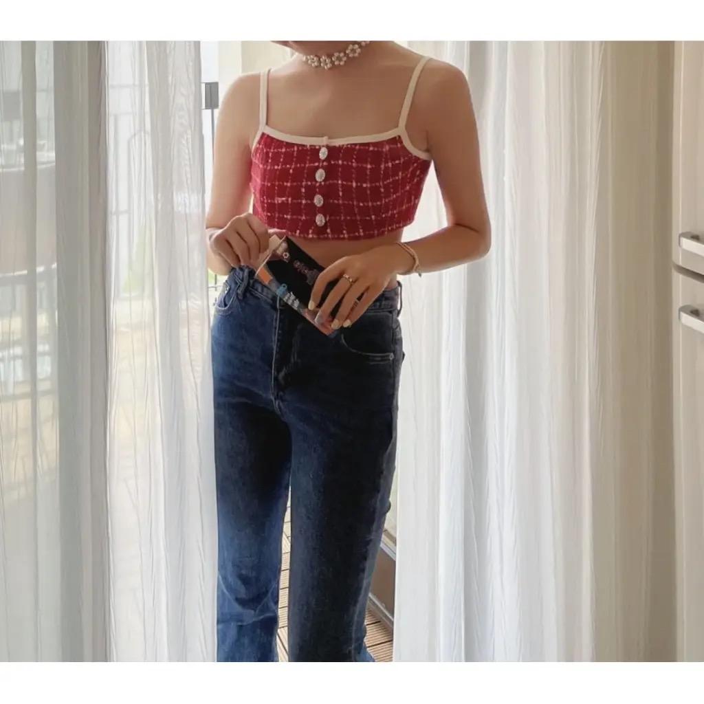 Chanel  23C Débardeur en tweed Monico Taille FR 38 Rouge Blanc Camisole à carreaux en vente 11