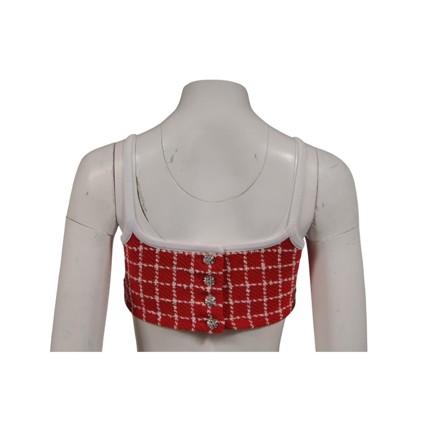 Beige Chanel  23C Débardeur en tweed Monico Taille FR 38 Rouge Blanc Camisole à carreaux en vente